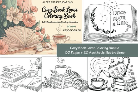 Aesthetic Book Lover Coloring Pages for Graphics