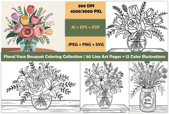 Floral Vase Bouquet Coloring Set: Elegant Graphics for Crafters